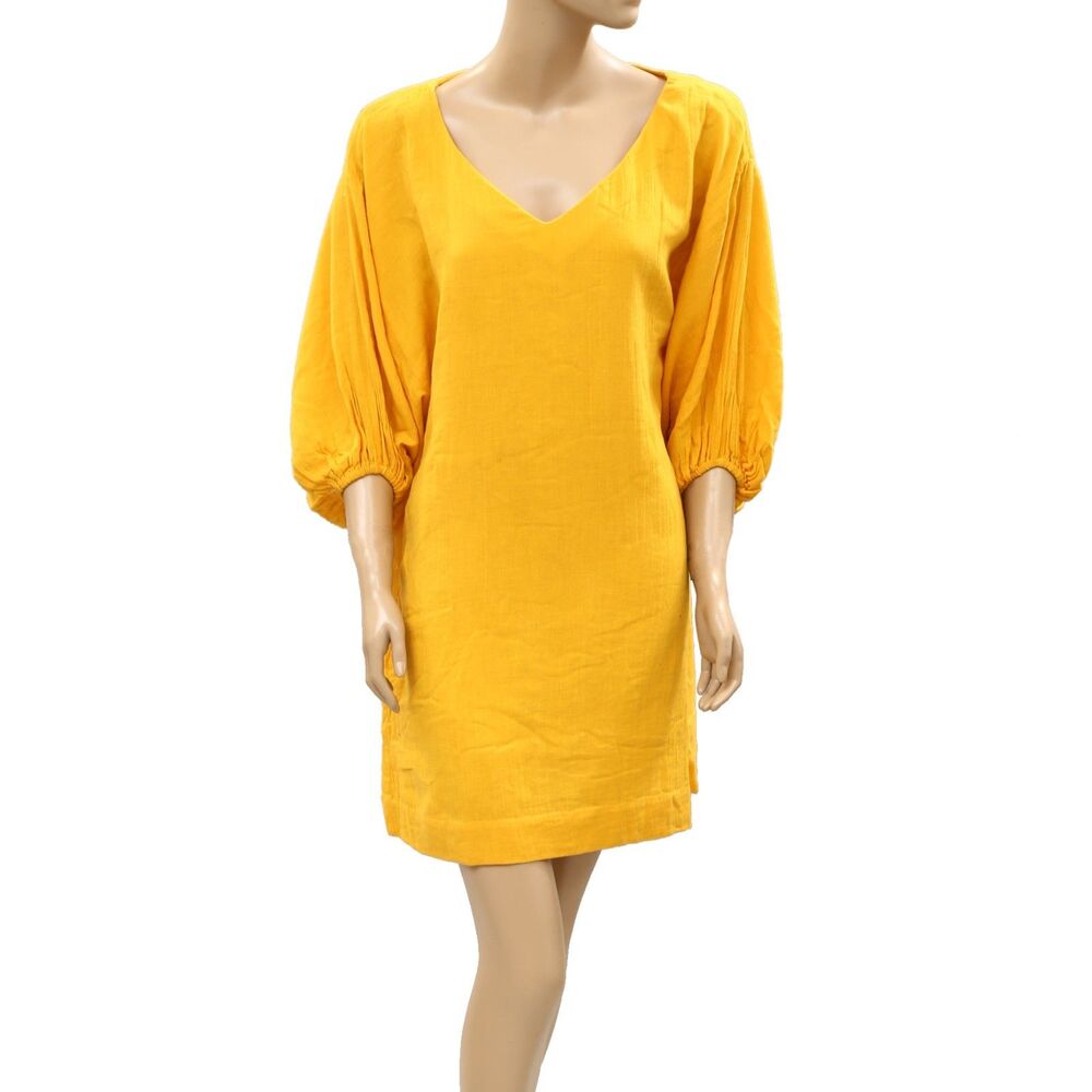 Rhode Resort Cotton Mini Dress Solid Yellow 3/4 Sleeve Pullover Causal S 286320